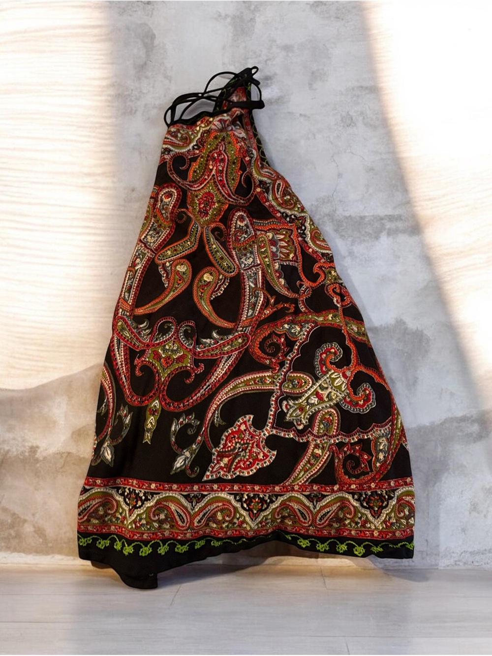 Black Paisley Halter Dress with Red & Green Accents OS
